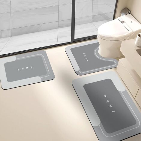 Simple diatom mud bathroom floor mat, quick-drying absorbent U-shaped toilet floor mat, light gray three-piece set (1/5)