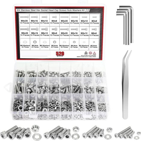 520PCS Kit Assortiment Vis Boulons Vis à Tête Cylindrique à Six Pans Creux Jeu de en Acier Inoxydable 304 avec écrous Rondelles