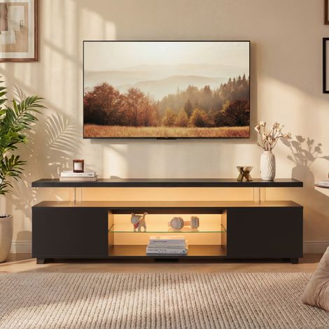 Meuble TV 60 pouces noir, centre divertissement jeux, console rangement multimédia, grand meuble latéral salon 130x40x48cm (1/5)