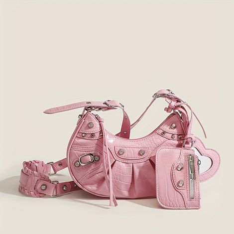 Sacoche de motarde 2025, sac bandoulière à rivets et pompons, sac plissé demi-lune, sac bandoulière femme (1/2)