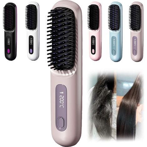 Cocoony Styling Brush for Short Hair, Portable Rechargeable Straightening Brush, 20s Fast Heating, 3-Stage Temperature Adjustment, for Daily Styling & Travel (Purple)