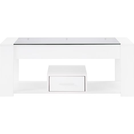Table basse de salon avec plateau en verre et 2 tiroirs de rangement blanc 100 x 50 x 40 cm (1/5)