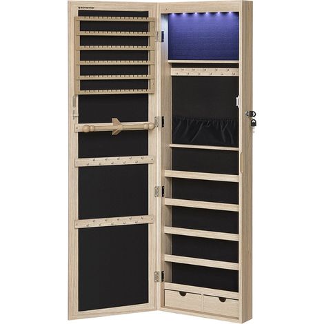 Mobiletto portagioie da parete per collane orecchini accessori mobiletto con specchio 37 x 10 x 120 cm vari scomparti chiudibile a chiave beige 120003932