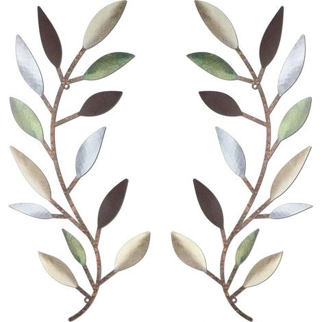 Ensemble de 2 décorations murales en métal représentant des feuilles d'arbre et des branches d'olivier, pour le salon, le couloir ou la décoration extérieure (multicolores) (1/5)
