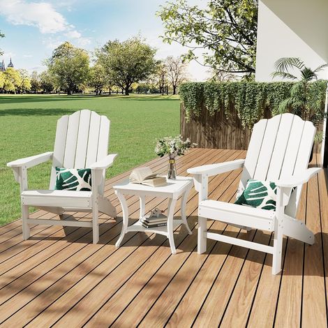 Fauteuil Adirondack blanc HDPE aspect bois résistant UV ergonomique accoudoirs terrasse piscine (1/5)