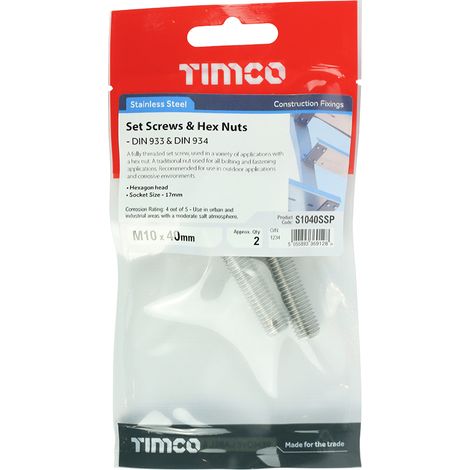 TIMCO Set Screws DIN933 Hex & Nut DIN934 Silver A2 Stainless Steel - M10 x 40