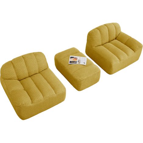 Divano modulare a L 2 posti con pouf, tessuto bouclé giallo, 210 x 165 x 79 cm (1/5)