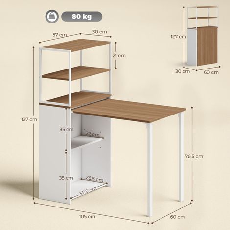 Bureau pliant en bois naturel, table de travail avec 4 rayonnages, bureau d'ordinateur 105x60x127 cm, table pour PC portable, meuble d'étude multifonctionnel (1/5)