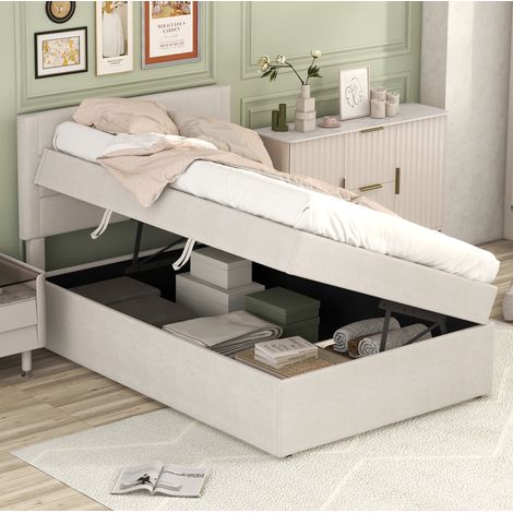 MEUBLIV Cama 90x200 cm beige – estructura tapizada con almacenamiento y somier, sin colchón (1/5)