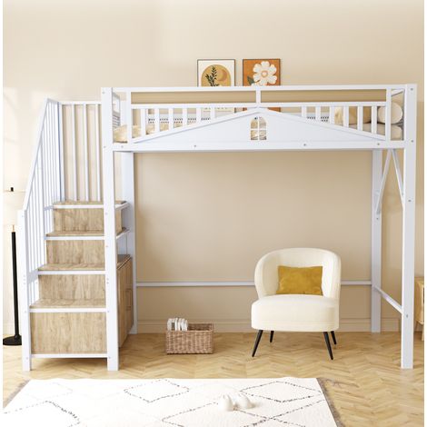 Letto a soppalco moderno in metallo e legno bianco 90x200 cm con scala contenitore, armadietto, rete a doghe e parapetto