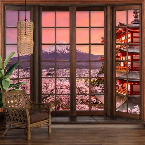 Papier peint panoramique Trompe l'oeil Fenêtre en bois - Mont Fuji Japon - 130 cm x 104 cm (1/5)