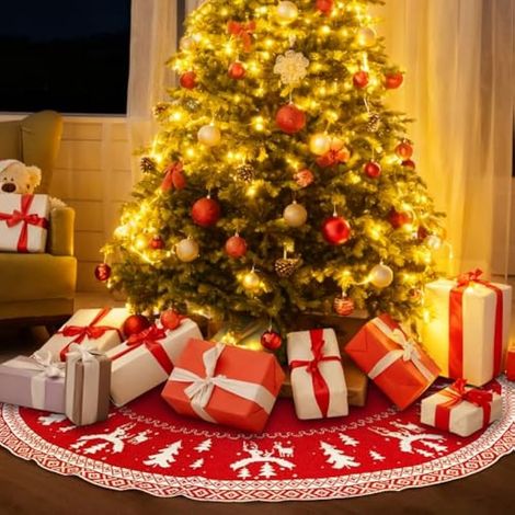 Christmas Tree Skirt, 120 cm Round Christmas Tree Footprint, Knitted Christmas Tree Mat, Christmas Tree Foot Cover for Christmas Trees, Christmas Party Decorations (Red) (1/4)