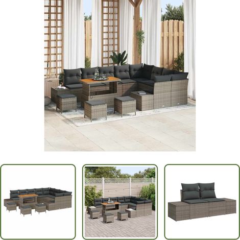 Poly-Rattan - Gartensofa-set mit Kissen 13 pcs Grau Poly-Rattan (1/5)