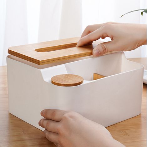 Multifunktionale Schreibtisch-Organizerbox mit Holzdeckel für Wohn- und Schlafzimmer, Weiß [Multifunktional] [Kunststoff/Holz] [19,5 x 17 x 10 cm] (1/5)