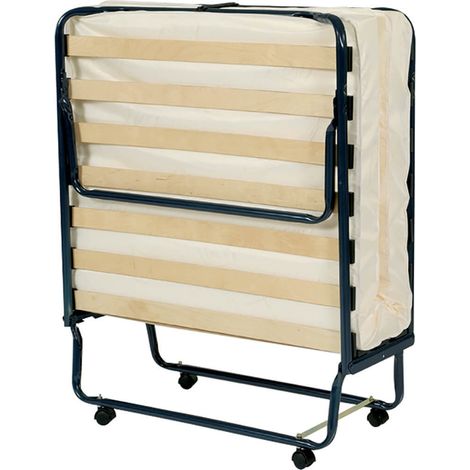 Altobuy – Lit pliant à roulettes 90x190cm – Structure métal laqué bleu nuit – 17 lattes multiplis – Matelas épaisseur 10cm, densité 24kg/m3