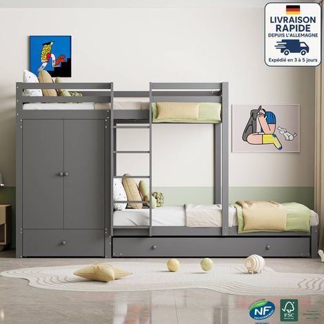 Letto a castello 90x200 cm, C'è un letto estraibile aggiuntivo, Con armadio, cassetti e vani portaoggetti - Legno certificato PEFC - grigio (1/5)