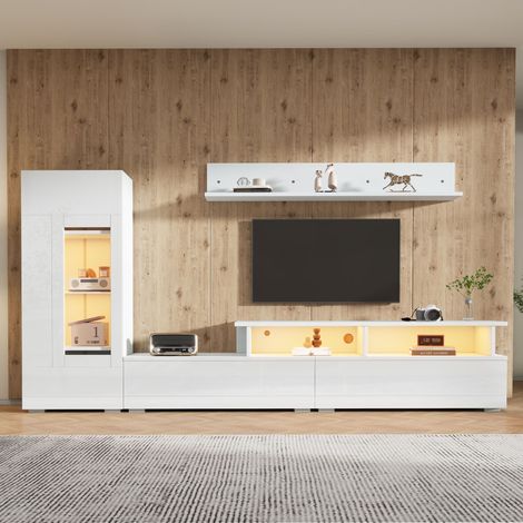 Ensemble Murale TV 3 Pièces avec Éclairage LED - Pour Téléviseur jusqu'à 75" - Meuble TV Vitrine Étagère - Blanc (1/5)