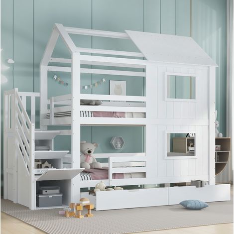 Cama litera infantil 90x200 cm blanca de pino y MDF con escaleras (1/4)