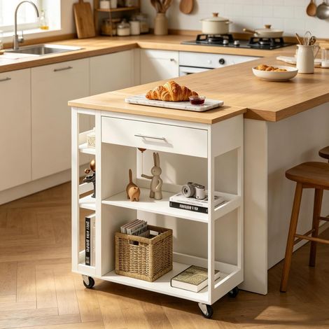 Carrello da cucina 73/88/38 cm bianco effetto legno con cassetto, ripiani aperti e ruote (1/5)
