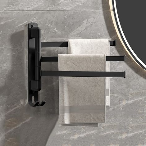 Porte-Serviette Adhésif Sans Perçage,Barre Murale en Aluminium pour Salle de Bain ou Cuisine,Accroche Torchon Autocollant (Noir - 3 Barres) (1/5)