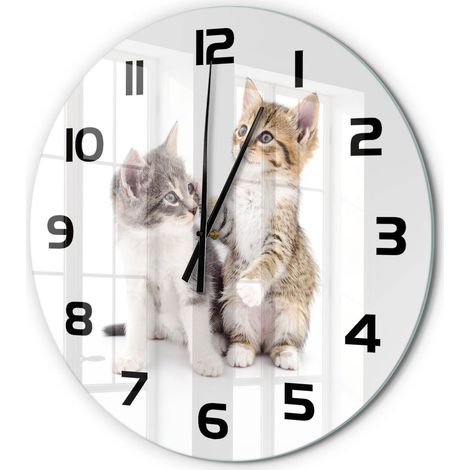 Horloge Murale Ronde Verre Trempé Chiffres Lisibles Silencieuse Moderne Deux petits chats fi 60 cm (1/5)