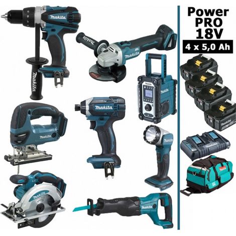 Pack Power PRO 8 outils 18V: DDF458 + DGA504 + DTD152 + DJV180 + DSS610 + DJR186 + DMR108 + DEADML802 + 4 batt 5Ah + sac (1/5)