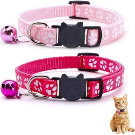 2 pièces Collier pour Chats Réglable avec Clochette et Boucle de Sécurité, pour Chatons Chiots, Adapté pour Tous Les Chats Domestiques, Collier (Rose + Rouge) (1/5)