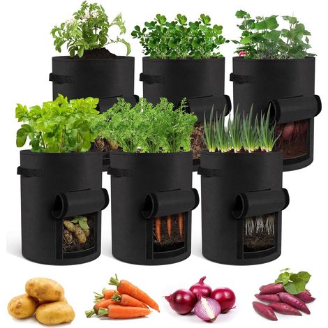 Six sacs de plantation de pommes de terre de 40 litres avec poignées renforcées, adaptés à la culture de tomates, de légumes et de fruits (noir, 40 litres/ensemble) (1/3)