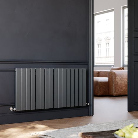 ELEGANT 600 x 1216 mm Anthracite Radiator Column Double Flat Panel High Heat Output Radiator Heater + Chrome Thermostatic Radiator Valves (1/5)