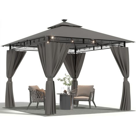 Devoko – Tonnelle de jardin 3x3m imperméable avec lumière LED – Cadre en acier renforcé – Protection UV50+ – Pour 4-6 personnes – Gris