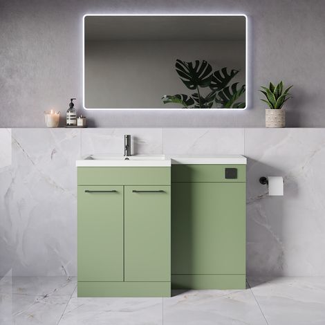 Napoli 390 Olive Green 1100mm 2 Door Vanity Unit Toilet Suite with Square Left Hand Lucia Basin - 1100mm - Gunmetal Grey 160mm HandleWithout Kingston Toilet Pan