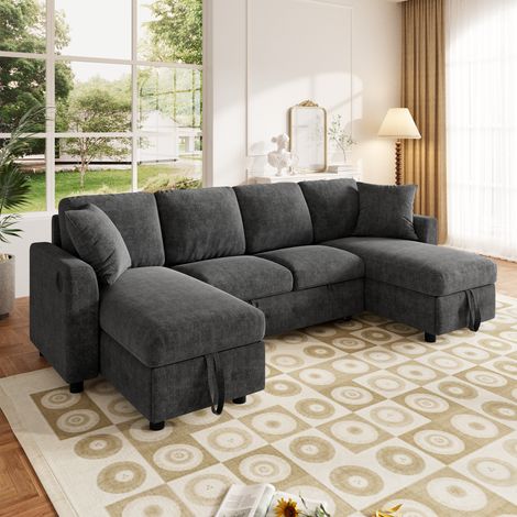 Canapé panoramique convertible en U 260 x 128 x 82 cm en chenille grise, 2 méridiennes avec coffre, ports USB et USB-C, 2 coussins, moderne (1/5)