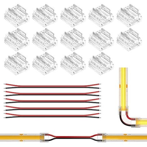 Connecteur Ruban LED FCOB COB 2 Pin 8mm 14x Connecteurs Transparents 5x Fil d'extension 20AWG 15cm Raccord d'angle pour Bande LED FCOB 2 Broches 8mm (1/5)