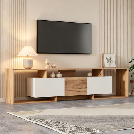 Meuble TV 180x30x49 cm avec 2 portes abattantes, 1 porte battante et 3 niches, blanc et bois naturel (1/5)