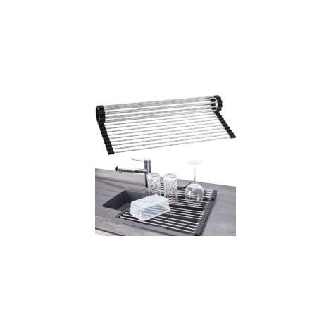 Scolapiatti arrotolabile e pieghevole, in acciaio inox e plastica nera, accessorio da cucina, scolapiatti, contenitore e organizzazione per la cucina, poggia utensili, supporto per frutta e verdura, c