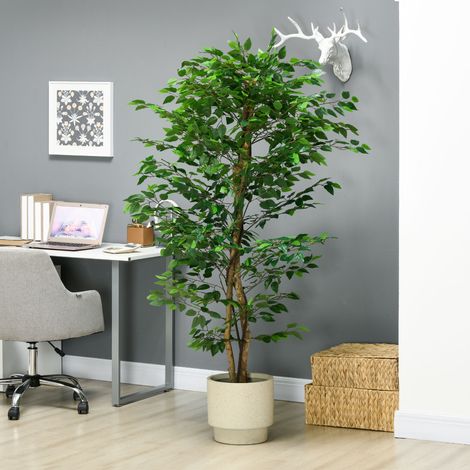 Ficus artificiel 180 cm, pot métallique rempli, vert, pour décoration intérieure