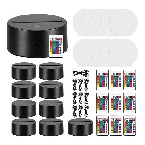 10pcs 3D LED Lamp Base with Acrylic Panels Transparent Colorful Light with Remote Control and USB Cable, 16 Colors Display for Bar Cafe Shop Decoration (Round) (1/5)