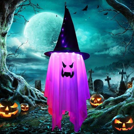Chapeau de sorcière suspendu pour Halloween, avec LED et motif « Sunshine Smile » (1/4)