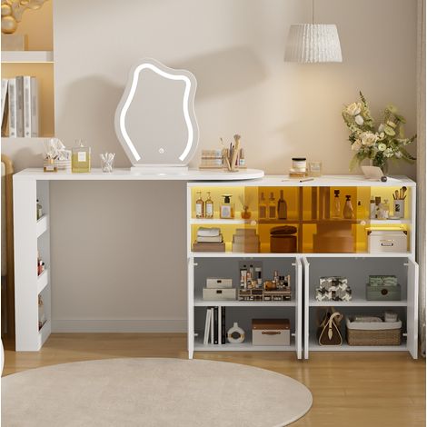 Tocador girevole con specchio LED 3 colori, vani portaoggetti, bianco 177x40x131,5 cm OKMYHOME (1/5)
