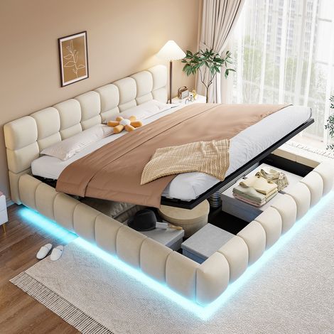 Okwish Lit rembourré 180x200 cm, avec rangement hydraulique, LED, velours, beige (Sans matelas) (1/5)