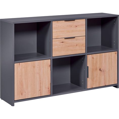 Commode meuble de rangement en bois coloris chêne Artisan /anthracite - longueur 120 x profondeur 30 x hauteur 77 cm -PEGANE- (1/5)
