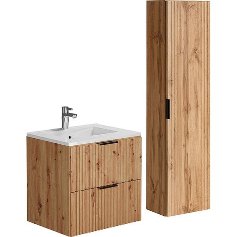 Mobile per bagno con scanalature, lavabo da incasso e colonna 60 cm Naturale chiaro - ZEVARA