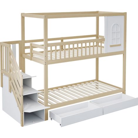 Cama litera infantil 90 x 200 cm de madera natural con escalera y almacenaje (1/5)