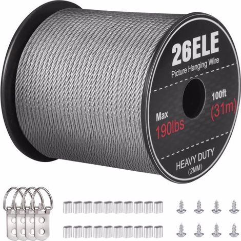 GROOFOO Picture Hanging Wire 190lbs, Heavy Duty Stainless Steel Wire Rope for Hanging Picture Frame Mirror and Wall Art, Strong Metal Wire 100Feet with 20PCS Crimping Sleeves, 4 D Rings and 8 Screws (1/5)