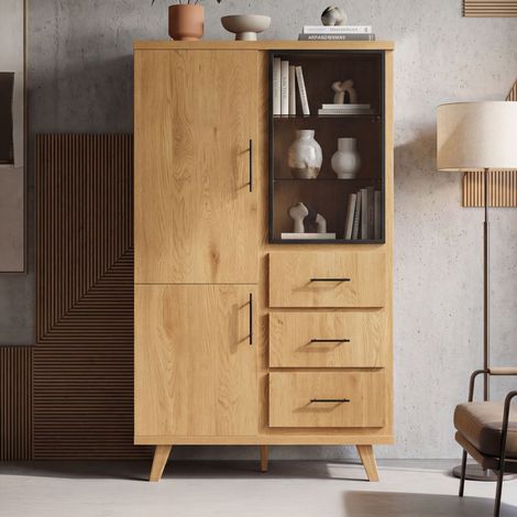 Buffet haut 2 portes 3 tiroirs 100x40x188 cm décor chêne - VIRAM (1/5)