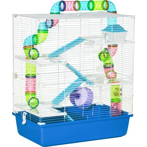PawHut 5 Tier Hamster Cage, Gerbil Cage with Exercise Wheel, Feeder Bowl, Tube, Water Bottle, 59L x 36W x 69H cm - Blue