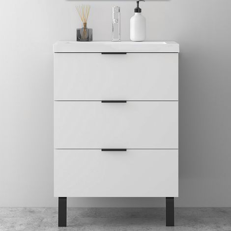 AICA Meuble de Salle de Bain 60cm avec Pieds, simple vasque, 3 tiroirs, Blanc, Style Moderne (1/5)