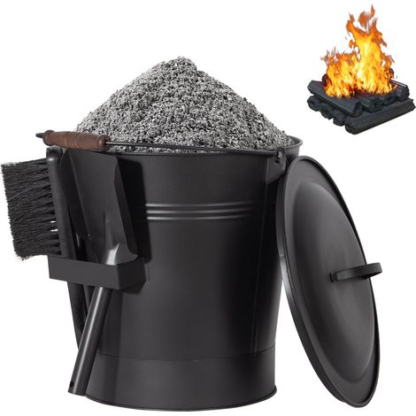 Todeco – Seau à cendres en métal 19L avec couvercle et pelle – Construction en fer solide – Isolation thermique – Pour cheminée et barbecue (1/5)