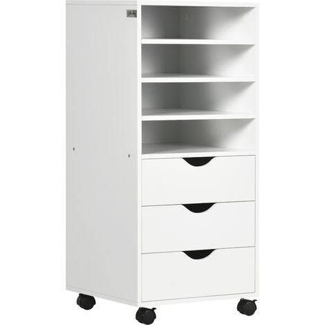 Cajonera de oficina con 4 ruedas, 4 estantes, 3 cajones, madera blanca. (1/5)