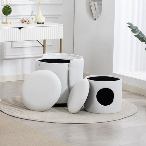 360° drehbarer Hocker im weißen Samt-Look mit Stauraum und Katzenhocker (1/5)